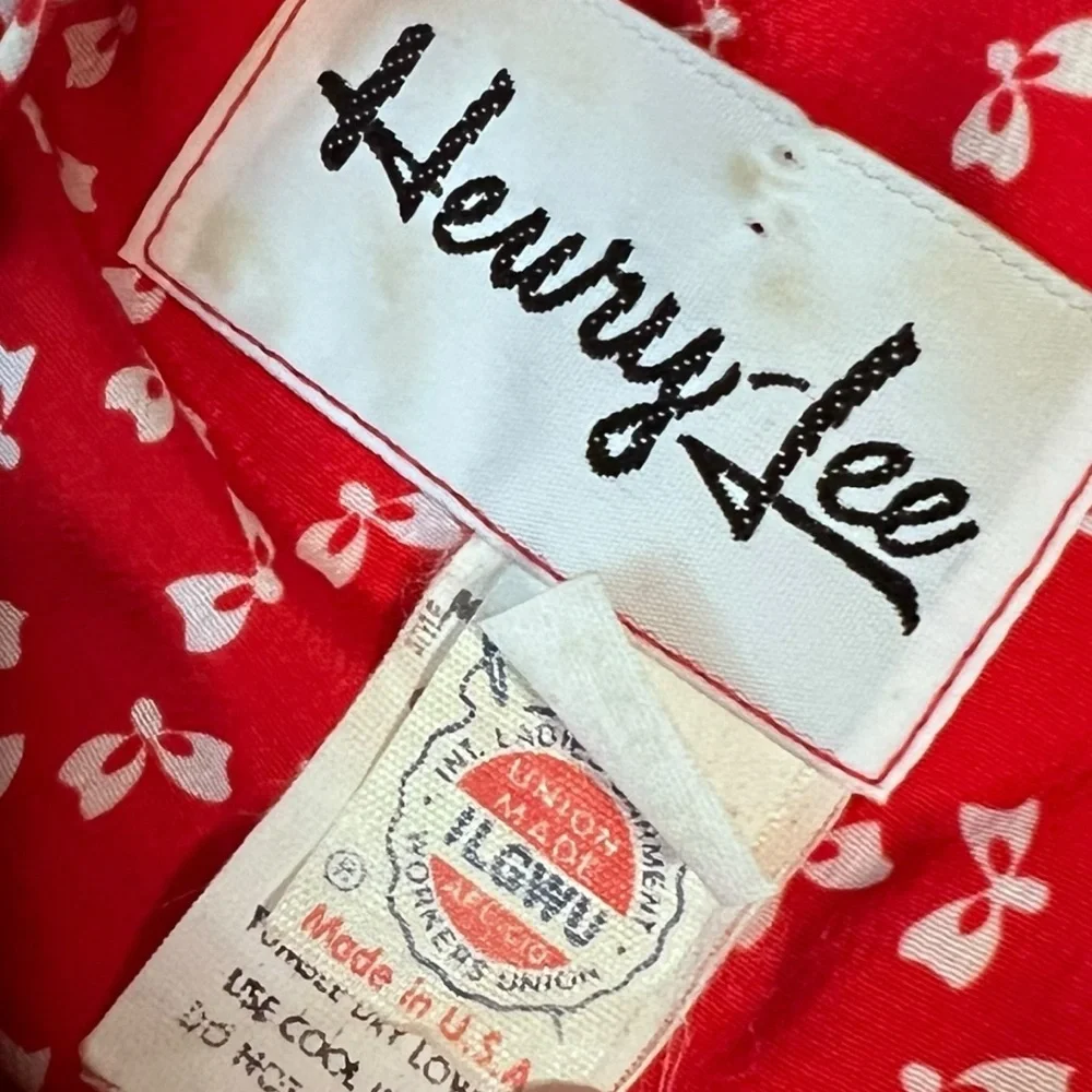 Henry Lee Vintage Red Bow Print Dress Union Made Size 14 Belted Full Skirt‎